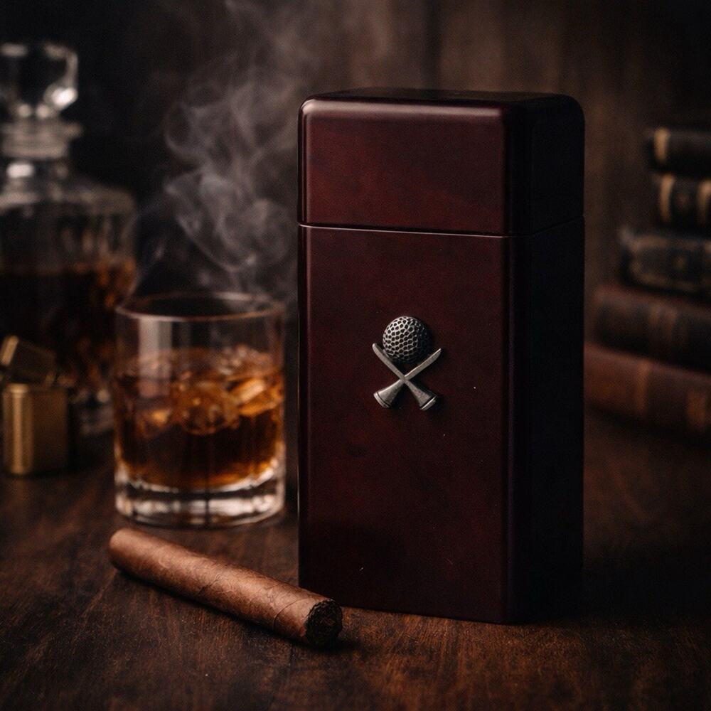 Wooden Desktop Humidor - Golf Theme -Rosewood Finish - 8.25x4x4 - Holds 16 Cigar